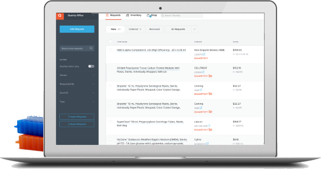 The Quartzy app open on a laptop, showing a lab's request list